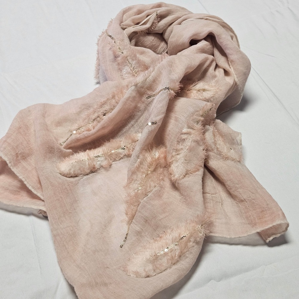 Feather Sequin Scarf Womens OS Pink Cotton Blend Boho Wrap Shawl